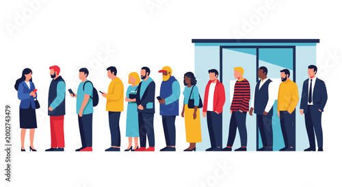 Diverse group of people standing in long queue waiting in line to enter office building or shop with business woman at front.