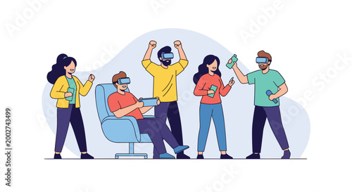 Group of happy friends enjoying virtual reality gaming experience together using headsets and controllers for immersive entertainment.