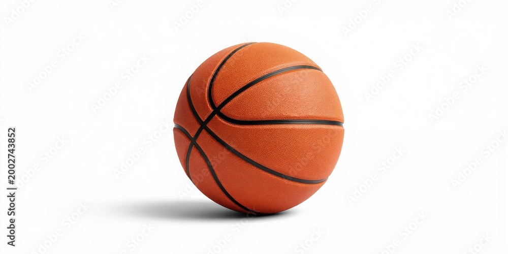 Fototapeta premium Orange basketball on white background. Single sport ball with black lines. Round equipment for game, practice or competition. Object used for active recreation.