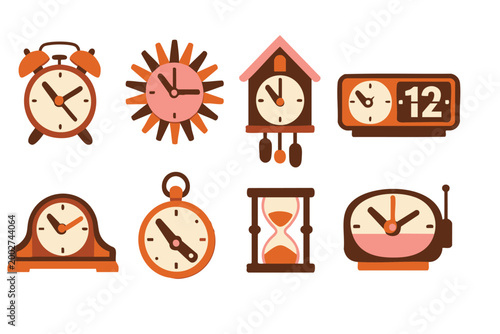 Set of Retro Clock Icons and Vintage Timepieces Illustration in Mid-Century Style