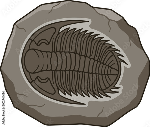 Illustration of a trilobite fossil embedded in rock, showcasing an ancient marine arthropod from prehistoric times.