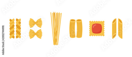 Pasta Shapes Set Illustration, Italian Food Varieties, Spaghetti Farfalle Penne Ravioli Fusilli Rigatoni, Collection of Different Dry Noodles for Menu Design, Cooking Ingredients, Minimalist Vector Ic