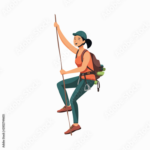 Woman Rock Climbing with Rope and Backpack