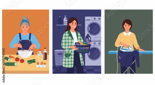 Vector illustration showcasing domestic chores a woman cooking, another carrying laundry, and a third ironing clothes in a household setting