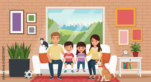 Family Portrait In A Cozy Living Room Vector Illustration Of A Happy Family With Pet Dog And Cat Enjoying Their Home Life