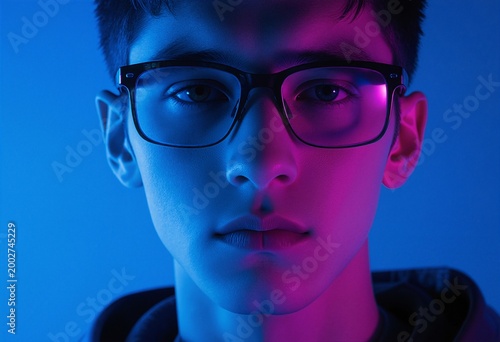 Frontal portrait of a young man in glasses, illuminated by intense blue light