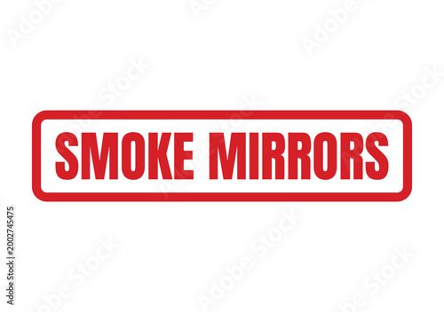 Red rectangular rubber stamp icon displaying the concept of smoke and mirrors for deceptive communication strategies