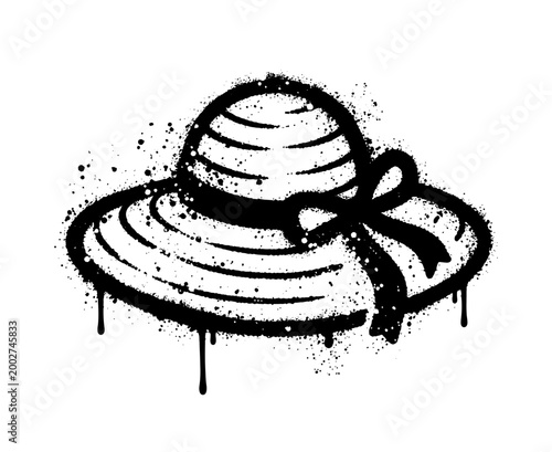 Black spray paint graffiti of a summer straw sun hat with ribbon