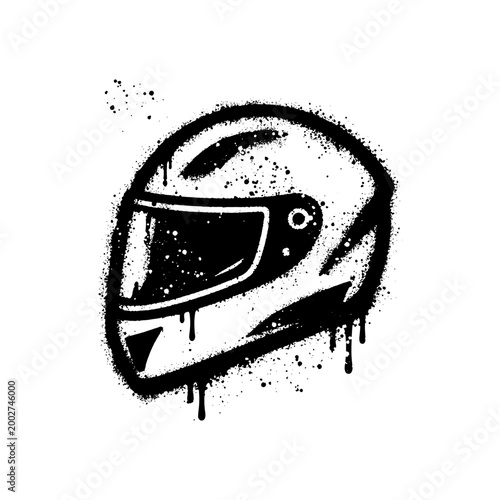 Motorcycle racing helmet graffiti illustration in black spray paint style dripping