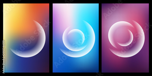Colorful abstract gradient vector banners with glowing spheres circles and futuristic light elements on a dark background