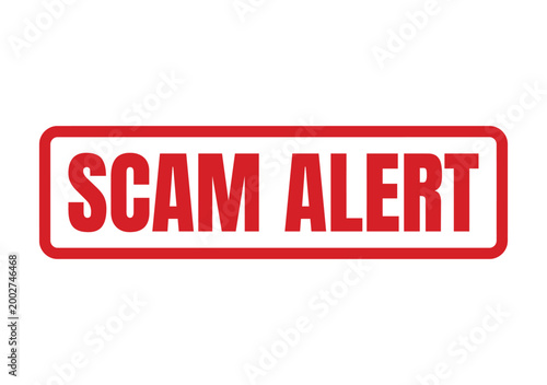 Red rectangular stamp showing the bold capital text of scam alert for official business warnings