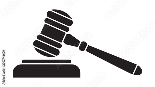 A black silhouette of a legal judge's gavel and sound block illustrating justice, law, and courtroom authority