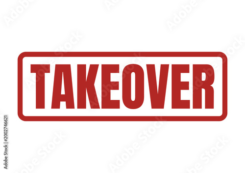Red rubber ink stamp with the word TAKEOVER inside a rectangular bordered frame layout design