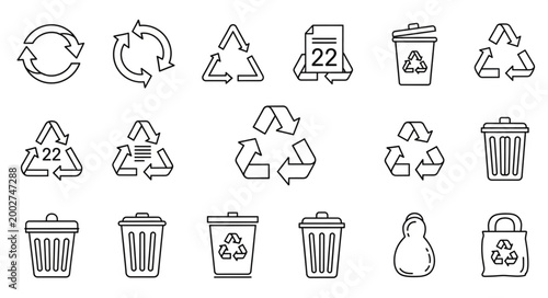 Recycling Symbols and Trash Cans Icons Set.