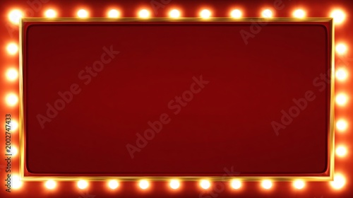 Bright Red Background with Golden Frame and Light Bulbs for Display
