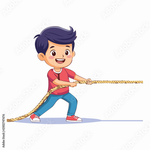 Cartoon boy playing tug of war