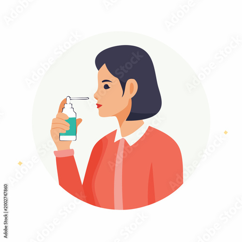 Woman using nasal spray for allergy relief or congestion
