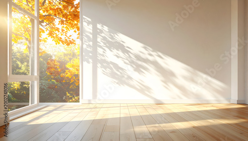 Sunlight Streaming Through Large Window Illuminating Empty Room.