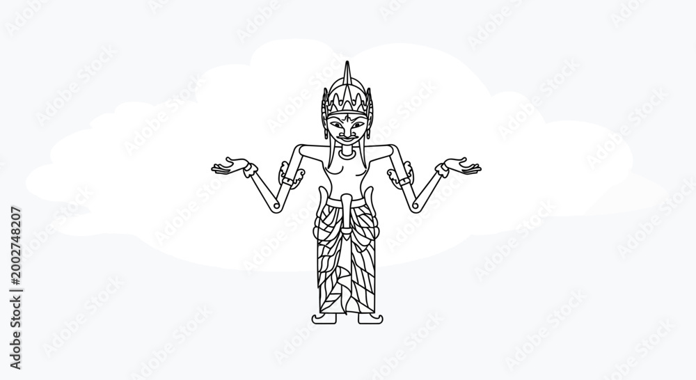Fototapeta premium Traditional Indonesian Wayang Puppet Character, Outline Drawing, Cultural Performance Art