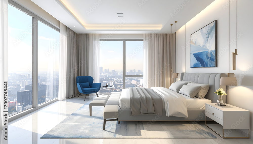 Fototapeta premium Luxurious Modern Bedroom with Panoramic City View and Blue Accent Chair.