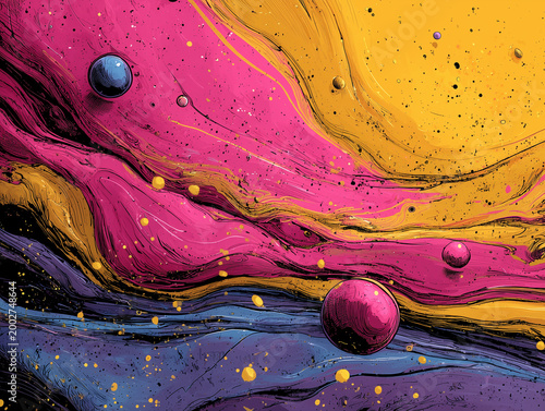 Colorful fluid art wallpaper with spheres and waves