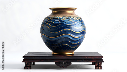 Exquisite Blue Ceramic Vase with Golden Wave Pattern on Wooden Stand.