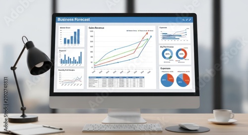 A modern computer desktop displays a business forecast dashboard. The monitor is positioned on a wooden desk next to a black lamp and a cup of coffee.