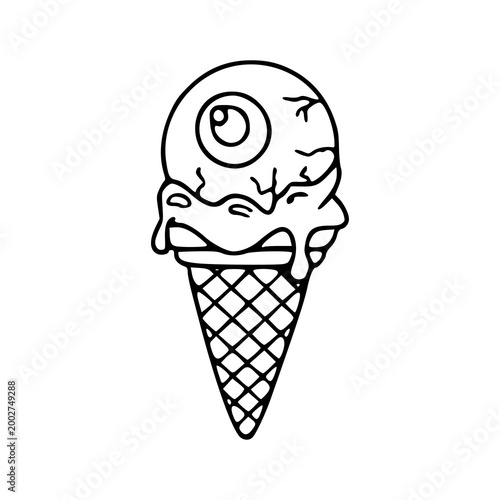 creepy eyeball ice cream scoop on waffle cone outline drawing