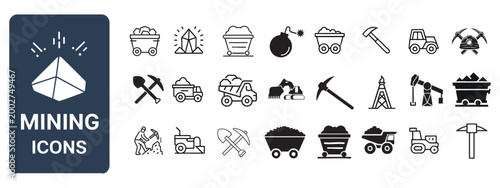 Mining icons show workers and equipment in simple outline style.