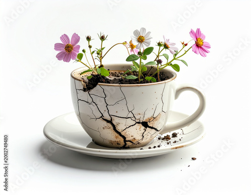 Old cracked cup with flowers growing out of it