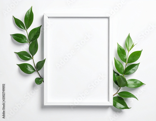Blank white frame with green leaves