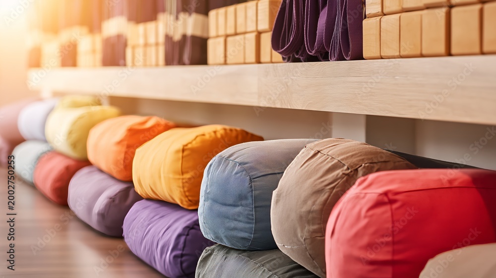 Obraz premium Yoga retreat essentials vibrant meditation cushions serene studio home decor tranquil setting ground-level view