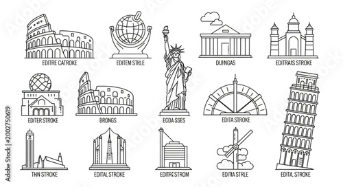 Collection of famous landmark illustrations in black and white style.