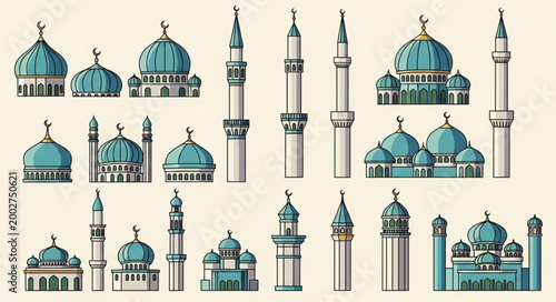 Collection of Islamic Mosques and Minarets Architectural Elements.