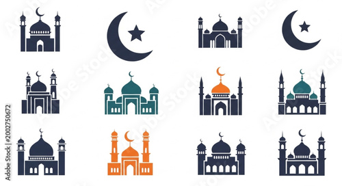 Collection of Islamic mosque and crescent moon symbols.