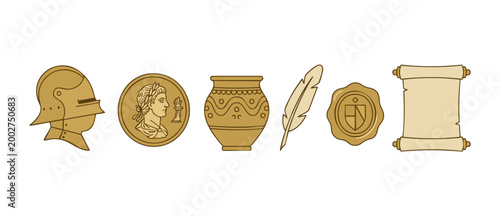 Historical Artifacts Set: Medieval Helmet, Roman Coin, Pottery, Quill, Wax Seal, and Scroll. Collection of ancient heritage items illustrated in a flat vector style isolated on a plain white backgroun