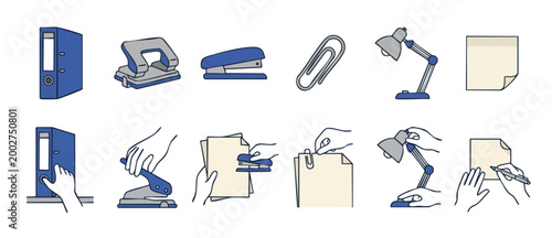 Office stationery icons set with hands, binder, stapler, hole punch, and desk lamp, flat vector illustration. Collection of business equipment and paper supply symbols for professional workplace desig