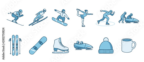 Winter Sports Icons Set, Skiing Snowboarding Skating Bobsleigh Activities, Collection of Blue Linear Seasonal Equipment and Athletes for Competition Graphic Design or Social Media Content Elements Tem