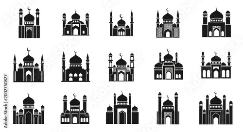 Collection of Islamic Mosque Silhouettes for Religious and Cultural Themes.