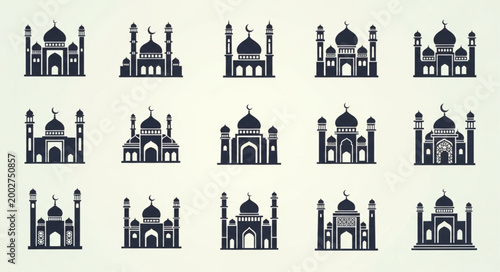 Collection of Islamic Mosque Icons Silhouette Style.