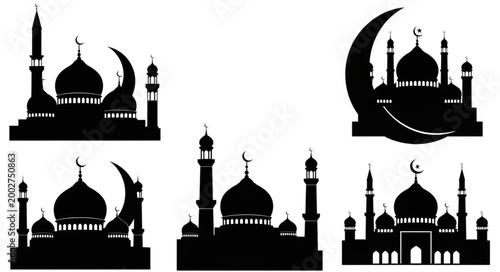 Collection of Islamic Mosque Silhouettes with Crescent Moon.