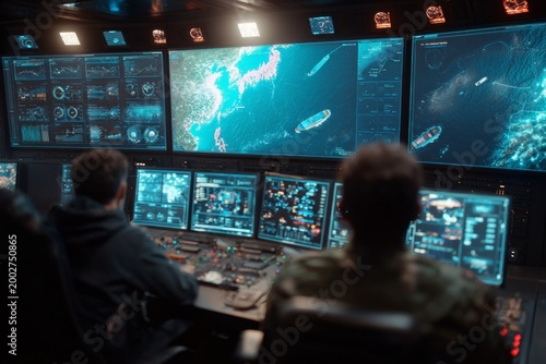 Naval command center operations high-tech facility military strategy secure environment surveillance perspective