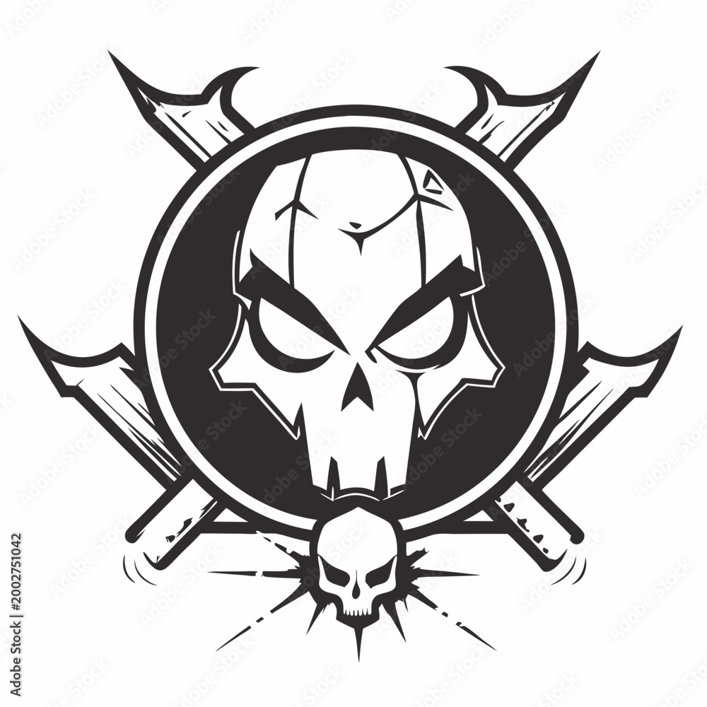 Fototapeta premium A striking black and white vector illustration featuring a detailed skull encased in a circular emblem with crossed swords and a smaller skull at the bottom