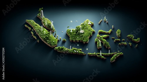 Sustainable green islands indonesia digital art nature aerial view eco-innovation concept