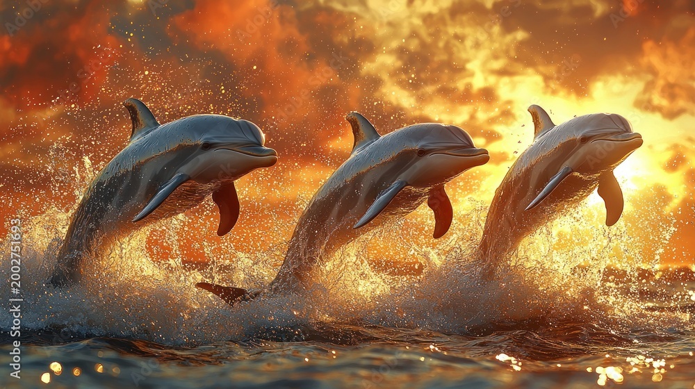 Fototapeta premium Three Dolphins Leaping in Golden Light: Synchronized Aquatic Ballet at Sunset