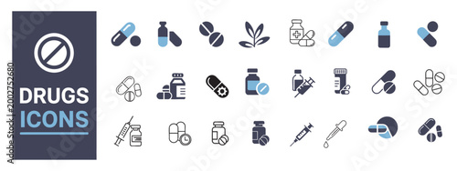  Medical drug icons showing pills and syringes in simple outline style.