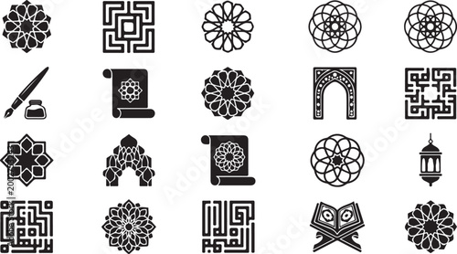 Fotografía Islamic Geometric Pattern Silhouette Vector Icon Set with Arabic Calligraphy Orn