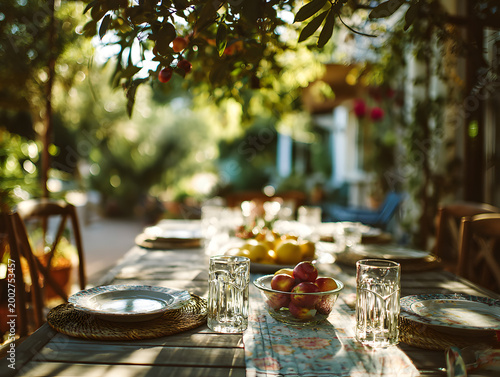 Dining table set for a meal outdoors in a garden during late afternoon with glassware, plates, and fresh fruits