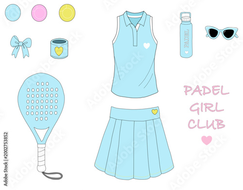 Pastel blue padel outfit and accessories set with racket, skirt, top, balls and stylish gear, cute feminine sports illustration with modern minimal design isolated on light background.