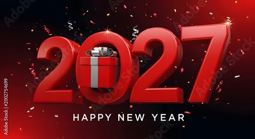 Festive new year 2027 celebration with a gift box and sparkling red confetti background